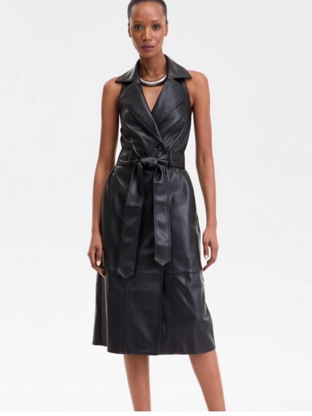INC International Concepts Black Faux Leather Sleeveless Trench Dress